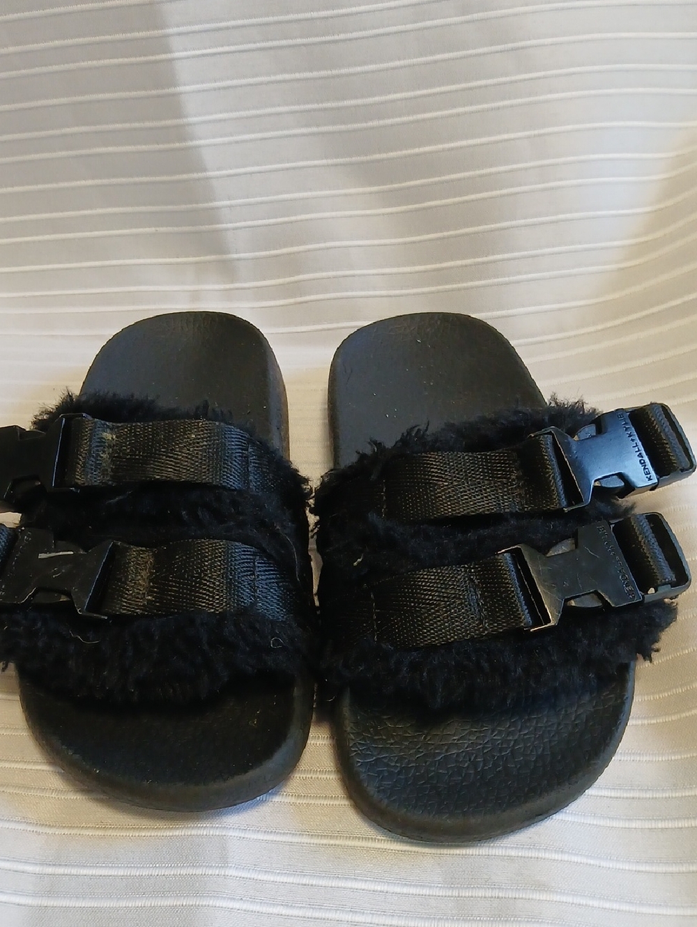 Kendall & Kylie Black Fuzzy Buckle Slide Sandals